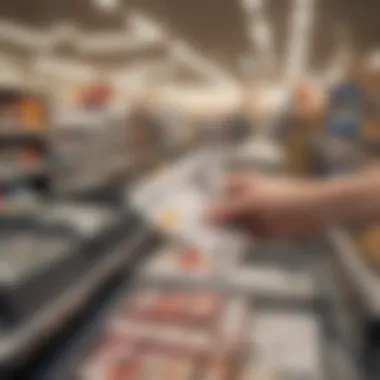 A shopper using coupons at a grocery store checkout