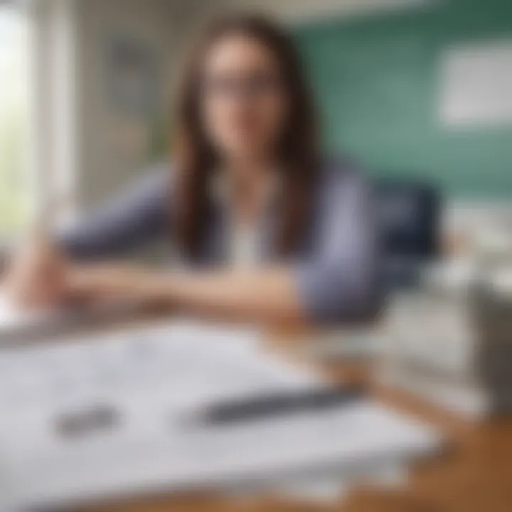 A close-up of a teacher's desk with educational materials and a student loan statement.