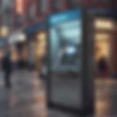 A person using an ATM in a well-lit urban area