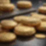 Elegant presentation of gold biscuits with a historical backdrop