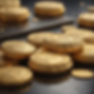 Elegant presentation of gold biscuits with a historical backdrop