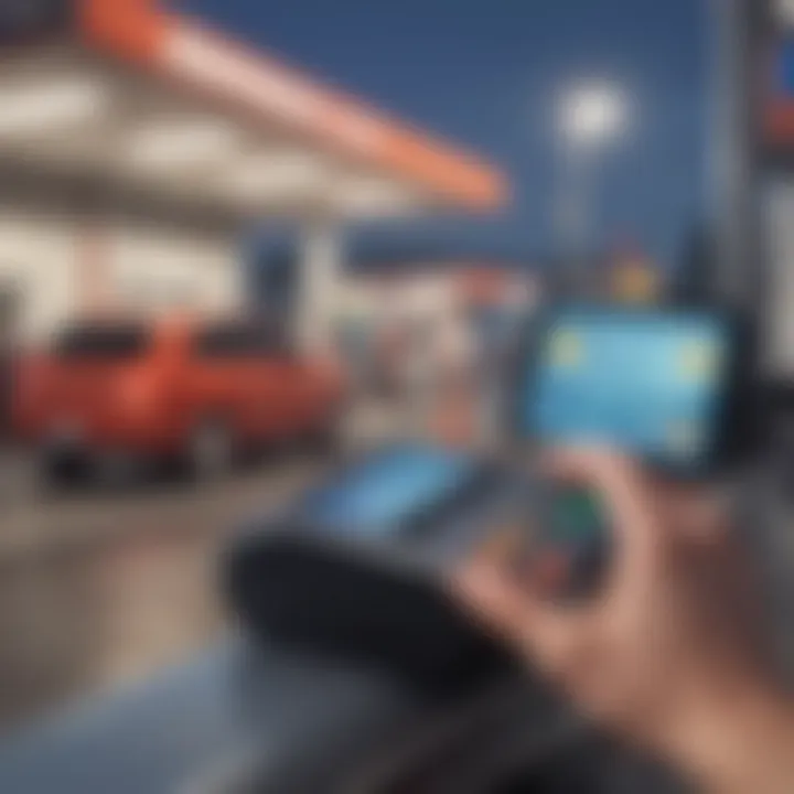 Close-up of a smartphone displaying a mobile payment app at a gas station