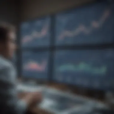 Data-Driven Decision Making An individual analyzing data on multiple screens filled with financial graphs
